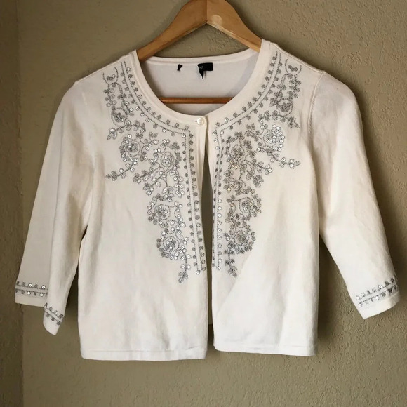Alfani Cropped Cardigan Women Small White Sequin Embellishment Fairy Core Classy - Picture 1 of 9